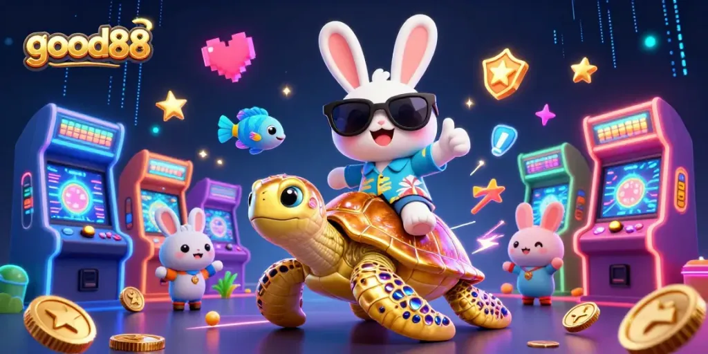 Join the fun at good88 with the lucky rabbit and golden turtle in a vibrant casino adventure.