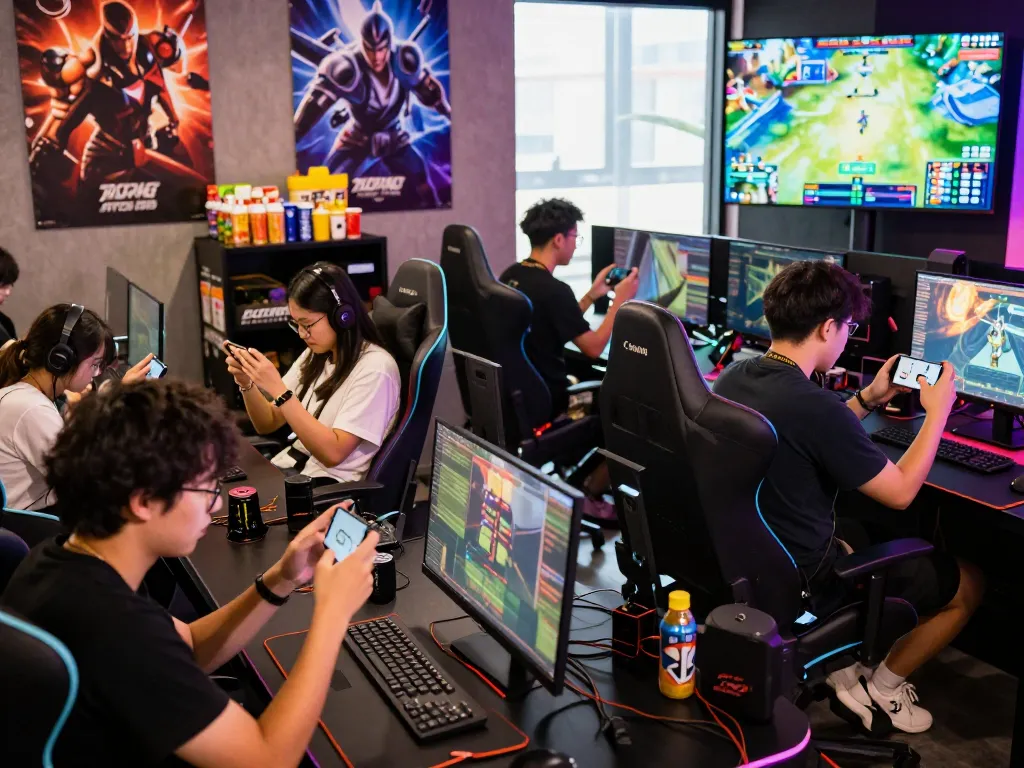 Exciting gaming lounge scene featuring friends enjoying AUTOWIN88 mobile games in a vibrant atmosphere