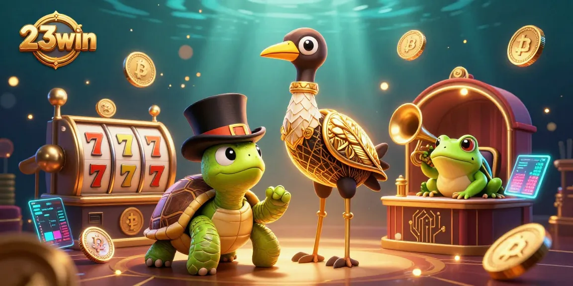 Hit the jackpot at 23win with a vibrant 3D casino illustration featuring striped slots and glowing coins.