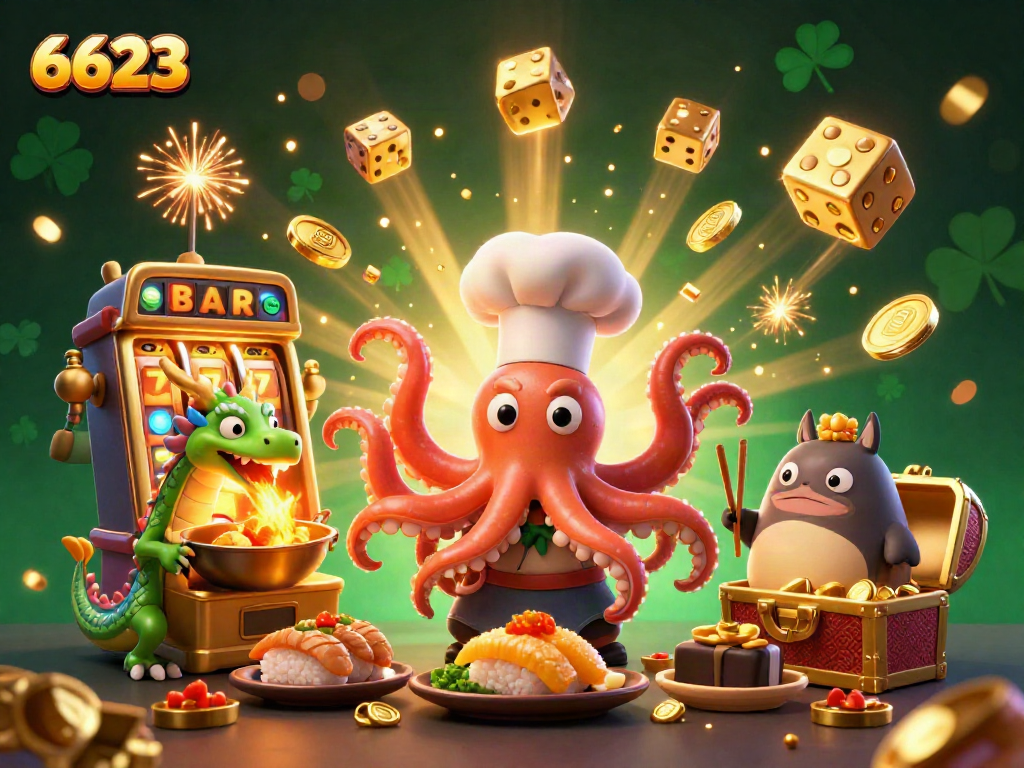 Engage in thrilling gaming at 6623 with an exciting 3D casino scene featuring a chef octopus and dragon.