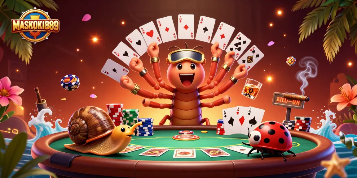 Experience the excitement of MASKOKI889 with a vibrant casino scene featuring a millipede dealer and themed elements.
