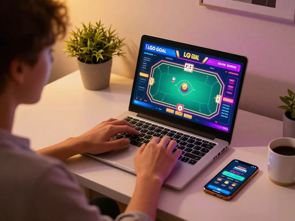 LGO GOAL player enjoying online gaming with a laptop, showcasing a colorful poker game interface.