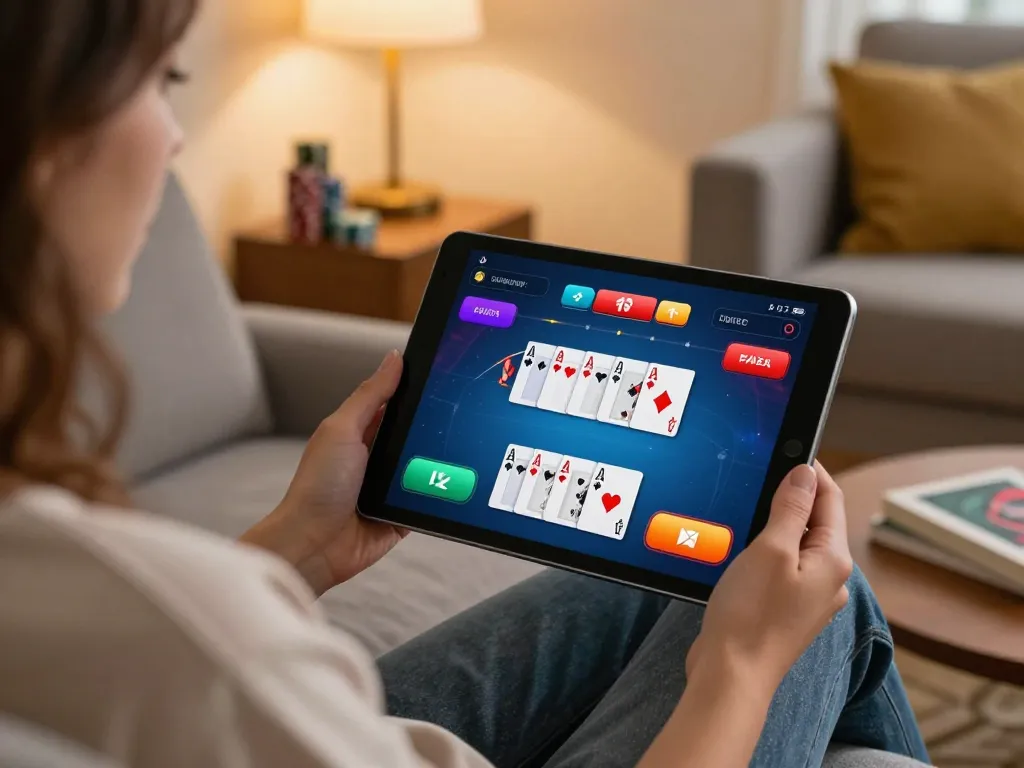 Playing poker on tablet at home with 79club app, showcasing colorful interface and relaxed environment.