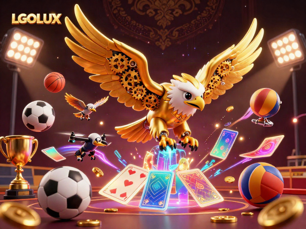 Experience an exhilarating gaming adventure with LGOLUX, featuring an immersive scene of a golden eagle amidst holographic cards and dynamic sports elements.