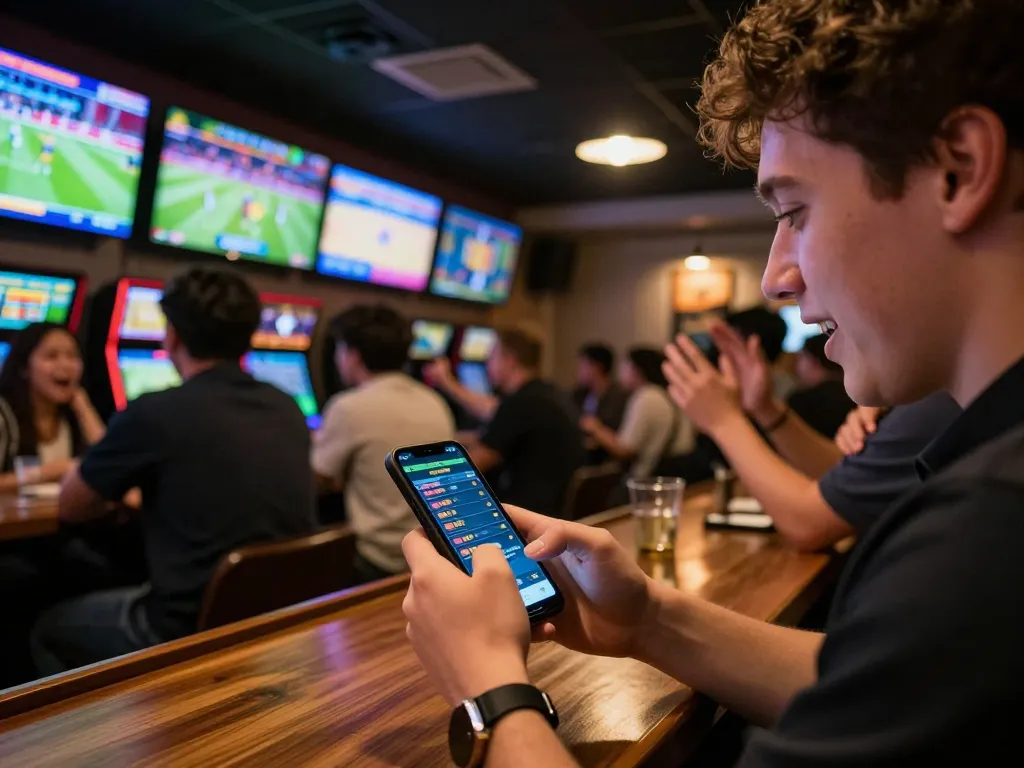 Betting enthusiast using UG DEWA app in a lively sports bar filled with screens