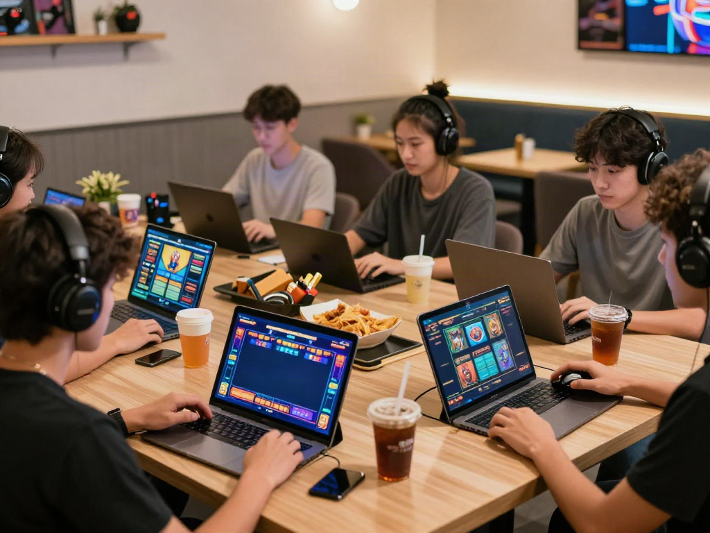 Engaging players enjoying slot games at https://da88z.net/ in a cozy gaming lounge, vibrant atmosphere.
