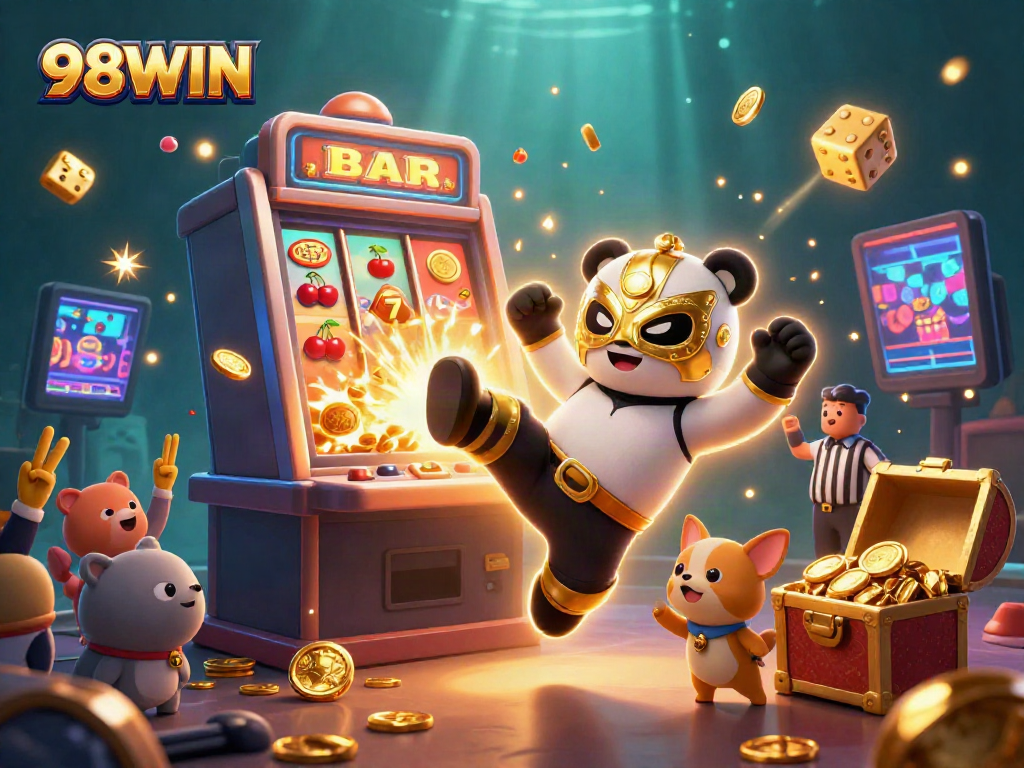 Exciting scene featuring 98WIN panda wrestler and referee with dynamic slot machine action in a vibrant casino