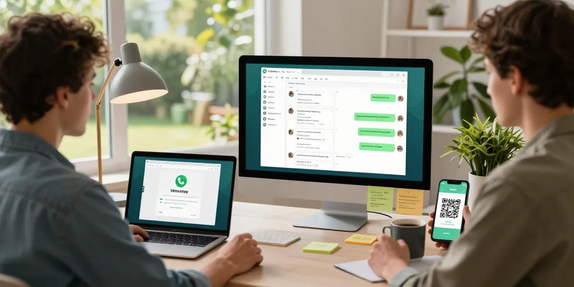 专注用户在时尚的家庭办公室中使用WhatsApp网络版，展示无缝通信与连接性。