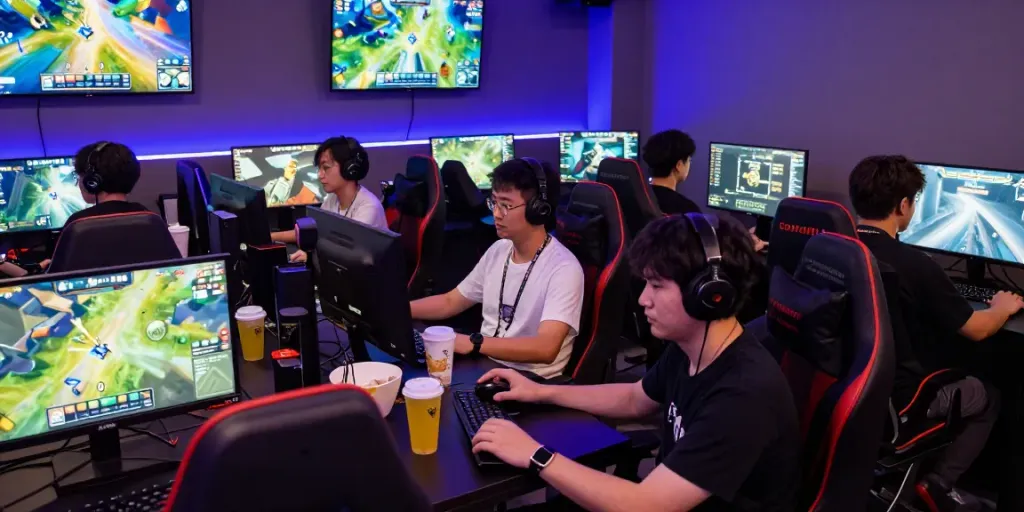 Engaged players enjoying online gaming experience at betawi777.com in a vibrant gaming lounge.