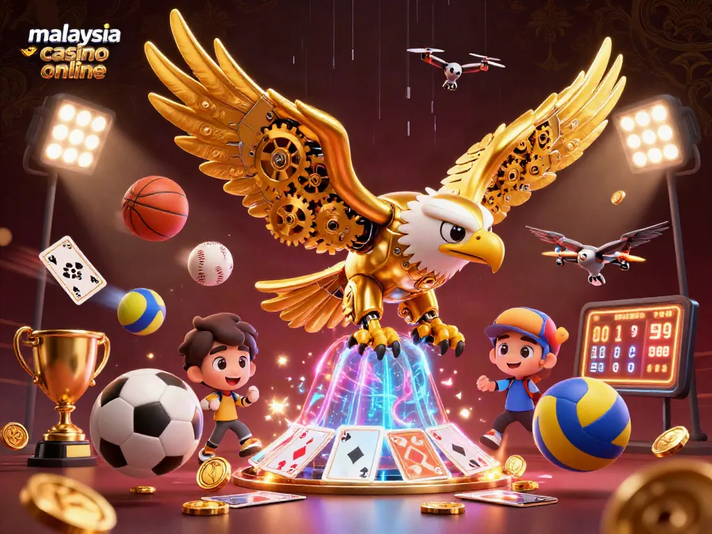 Engaging scene depicting a cybernetic eagle diving through holographic cards, representing malaysia casino online.