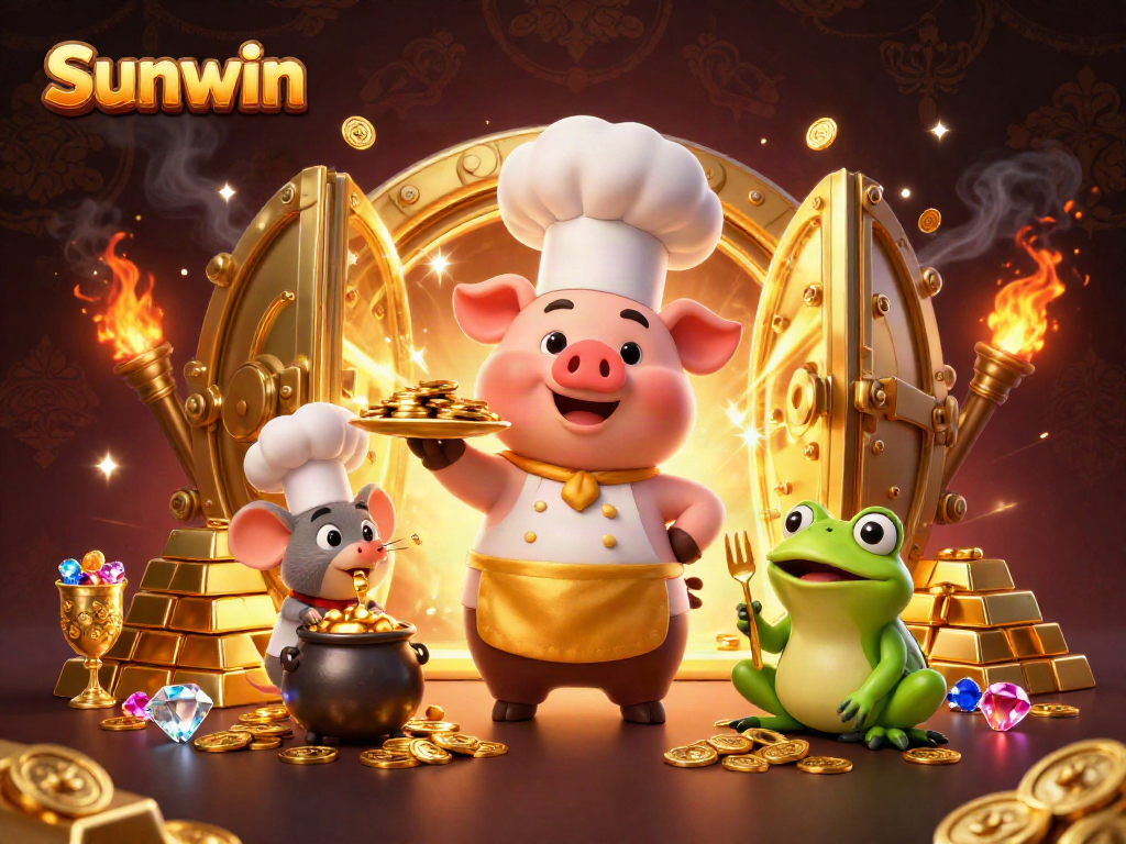 Experience the thrill of winning at Sunwin with a vibrant 3D casino scene featuring gold and gaming elements.