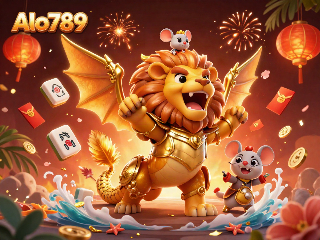 Experience the thrill of Alo789's online gambling world with a vibrant 3D chimera creature and an adventurous mouse jockey.