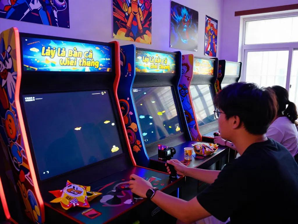 Playing "lại là Bắn cá đổi thưởng" in a vibrant gaming setup with LED lights and intense focus.