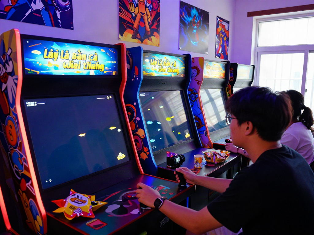 Playing "lại là Bắn cá đổi thưởng" in a vibrant gaming setup with LED lights and intense focus.