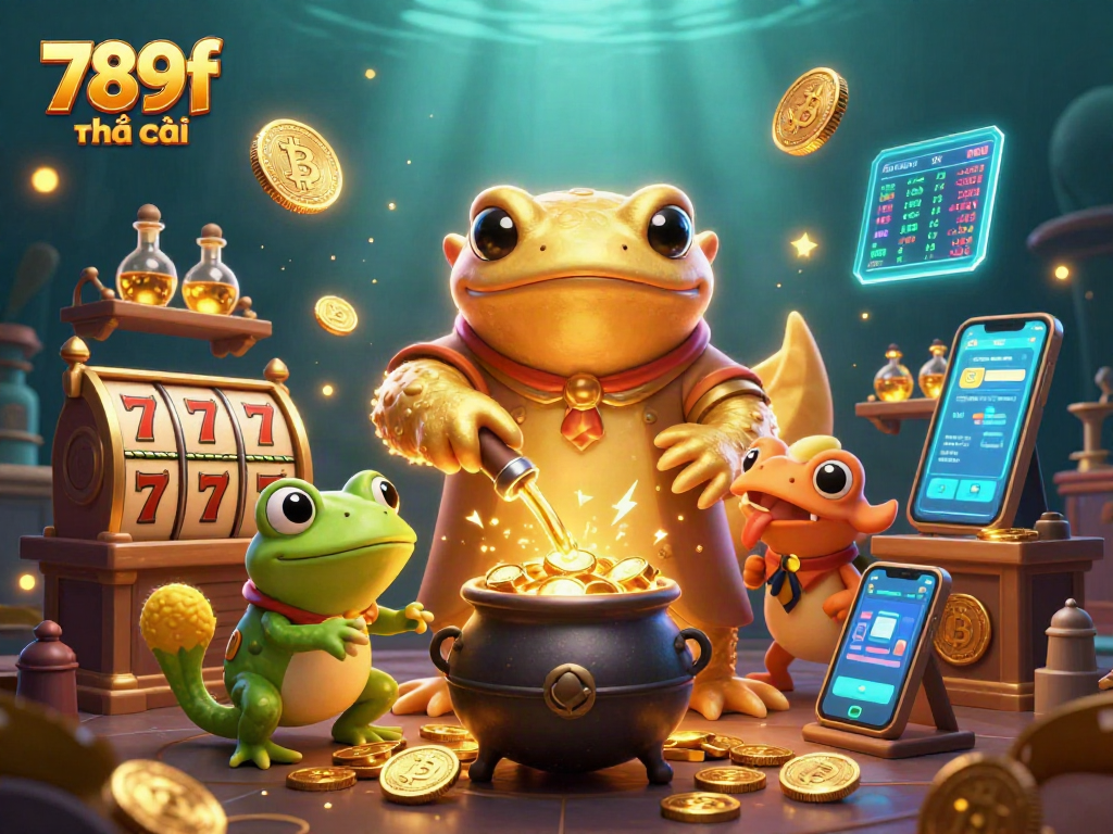Engage with the magic of 789f nhà cái as a salamander alchemist transforms metals into gold coins amidst casino elements.