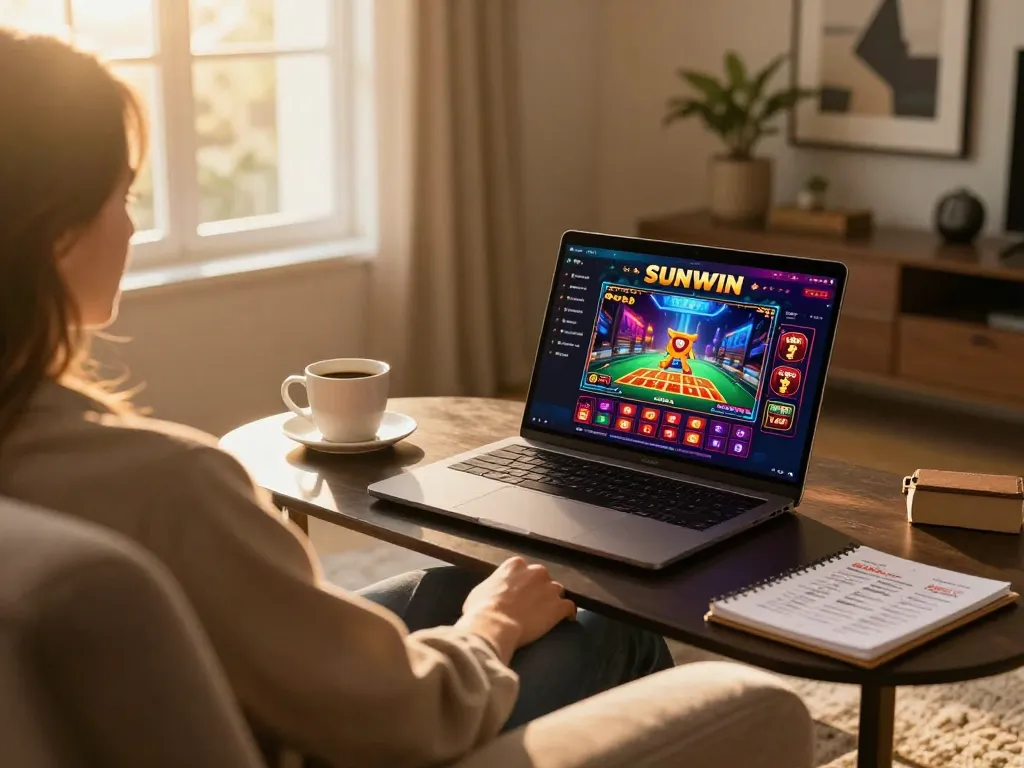 SUNWIN player engaged in online gaming at home with a laptop, warm lighting creating a cozy atmosphere.