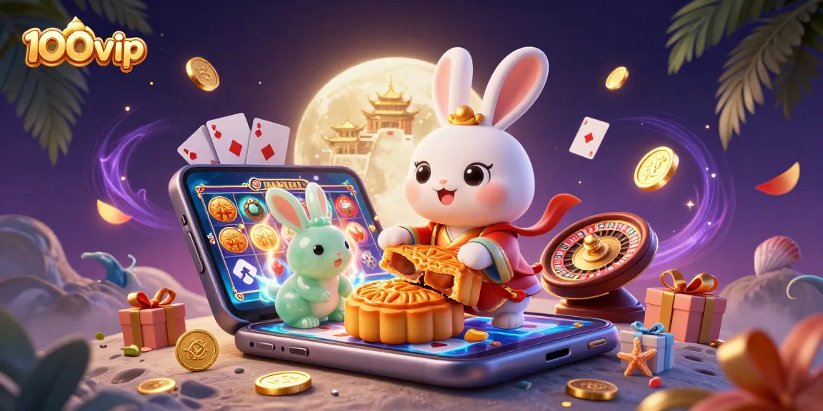 Engage with 100vip as the moon rabbit reveals poker chips while surrounded by vibrant gaming elements.