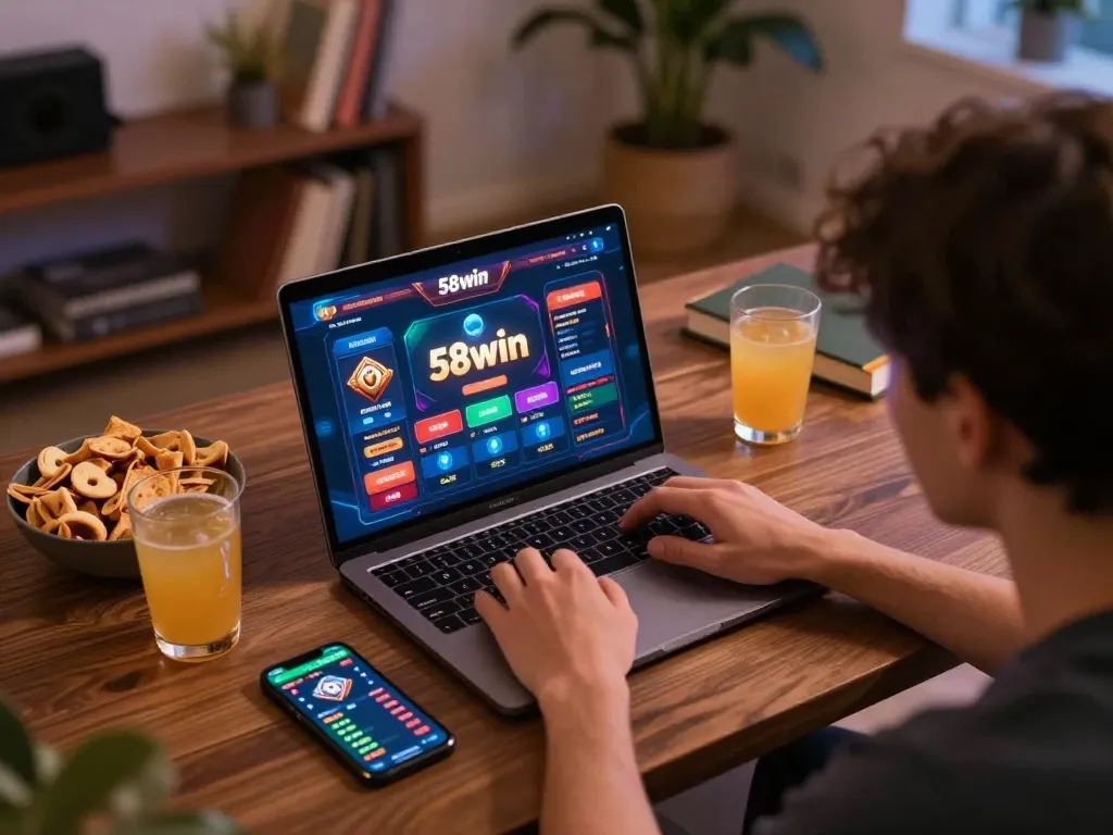 Player engaged in online gaming with 58win platform, representing modern responsible gambling.