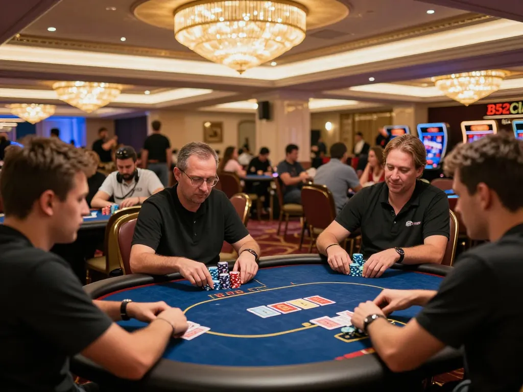 B52club guests enjoying thrilling poker games with vibrant atmosphere and strategic gameplay.