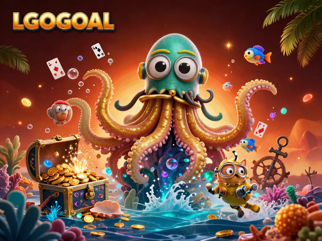 Engage in gaming excitement with LGOGOAL's vibrant kraken and diving cat in an underwater casino adventure.