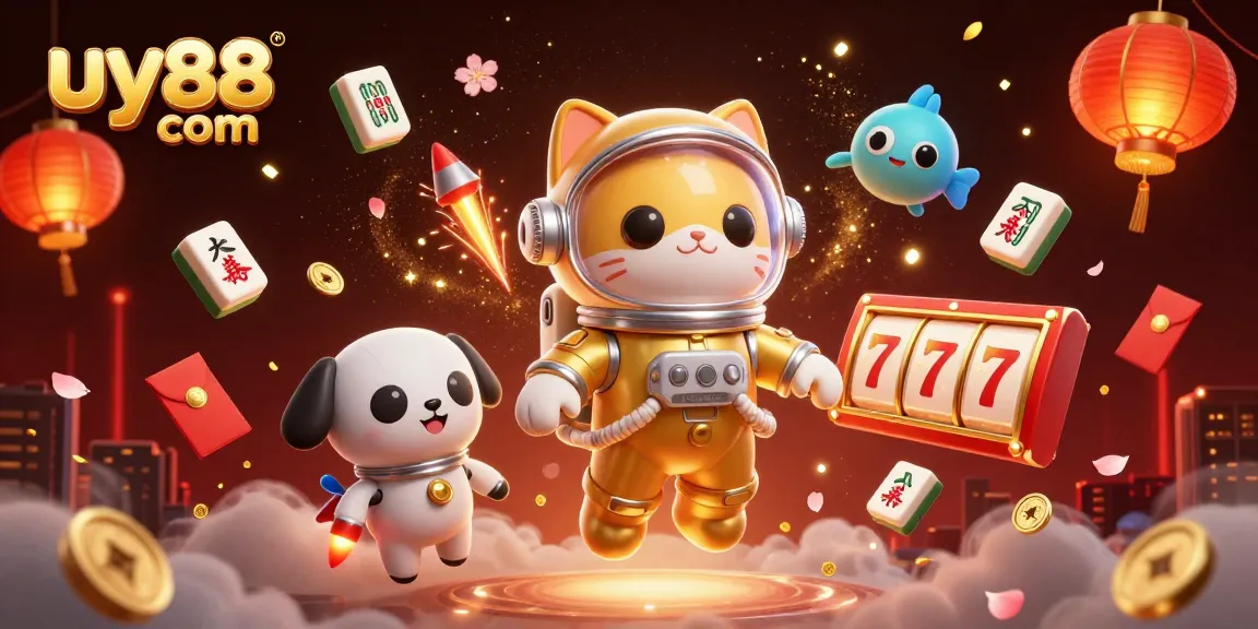 Experience thrilling gaming at uy88 com with an astronaut cat and robot dog among vibrant casino elements.