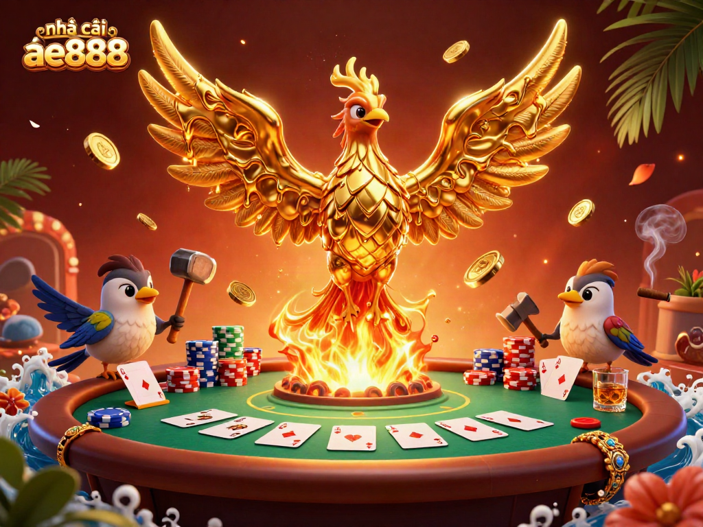 Experience the excitement of nhà cái ae888 with a vivid scene of a golden phoenix and poker elements.