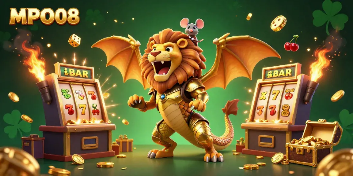 Spin the reels and win big with MPO08 in this vibrant casino-themed illustration.