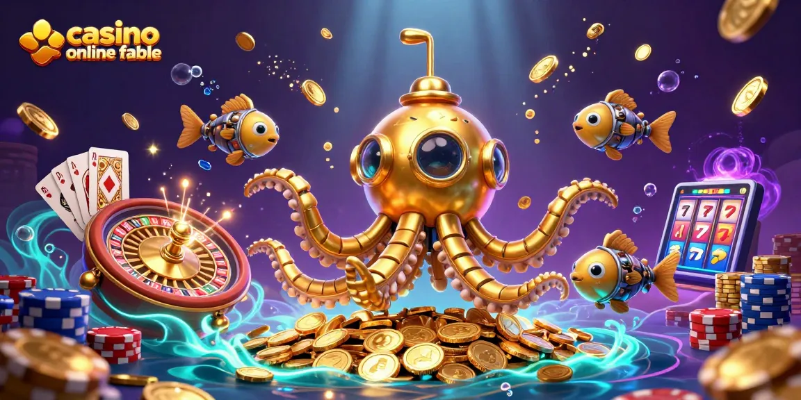 Ilustra un casino online fiable con un kraken dorado y monedas brillantes, destacando la emoción del juego.