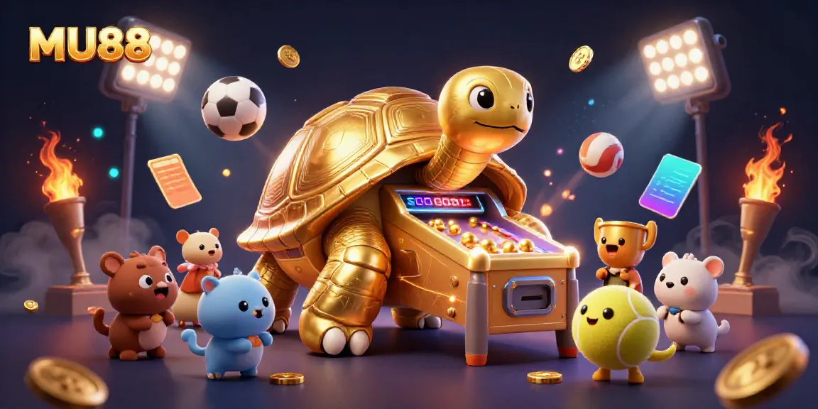 Engage in thrilling gaming with MU88, featuring a colossal tortoise pinball machine surrounded by sports elements.