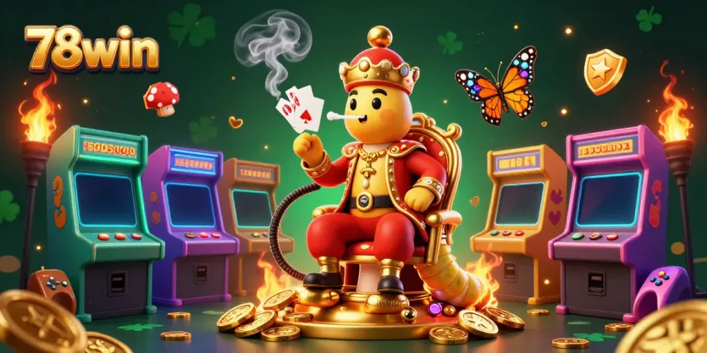 Experience vibrant gaming action with 78win's dynamic casino atmosphere, featuring colorful characters and machines.