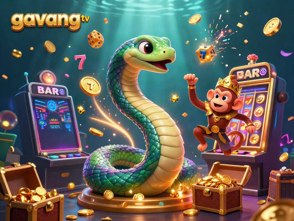 Engage with exciting casino action at gavangtv featuring a colorful serpent and monkey king with a jackpot explosion.