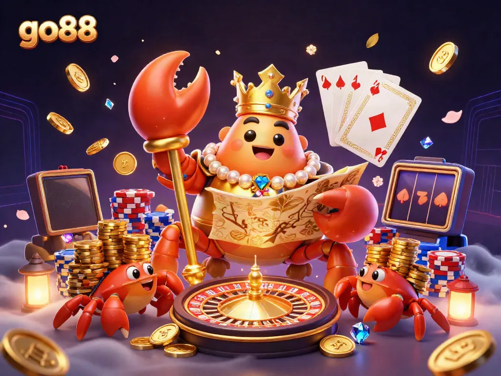 Experience the thrill of go88 with the golden crab emperor amidst cascading coins and vibrant casino elements.