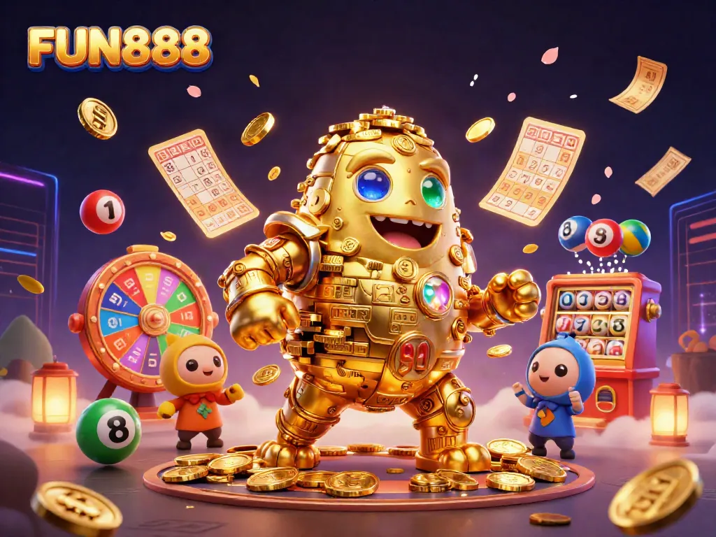 Engage with FUN888 in an exciting casino setting featuring a golden golem and lottery elements.