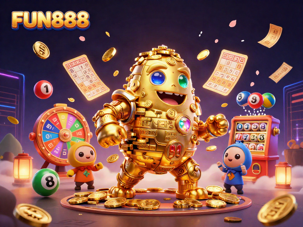 Engage with FUN888 in an exciting casino setting featuring a golden golem and lottery elements.