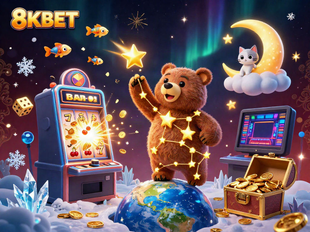 Engage with 8KBET's vibrant gaming world featuring a constellation bear, jackpot slots, and treasure chests.