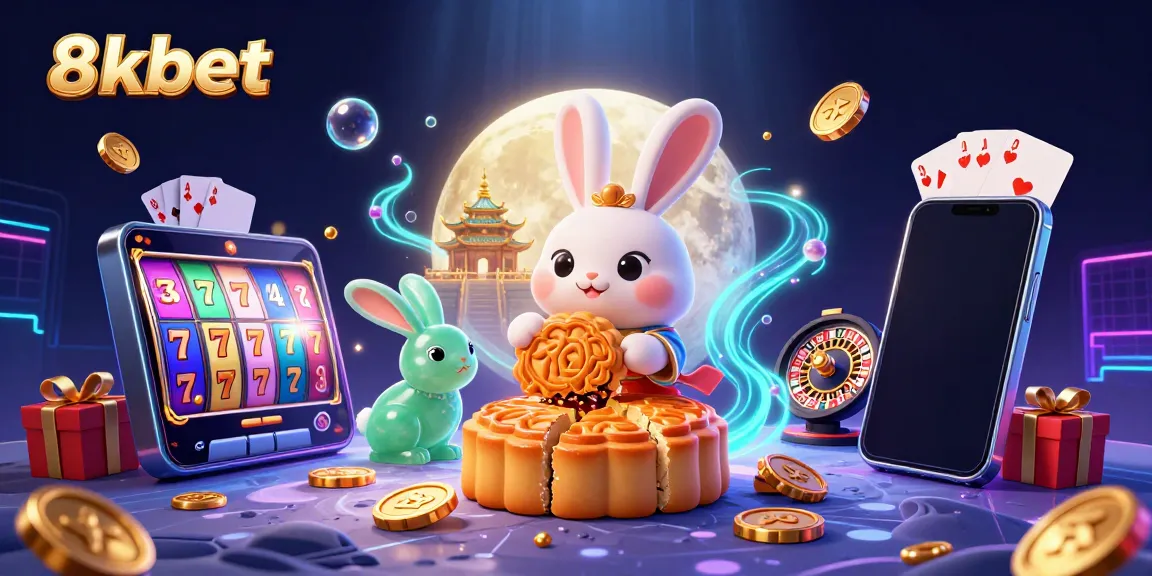 Experience exciting gameplay with 8xbet by a cartoon moon rabbit revealing poker chips inside mooncakes.