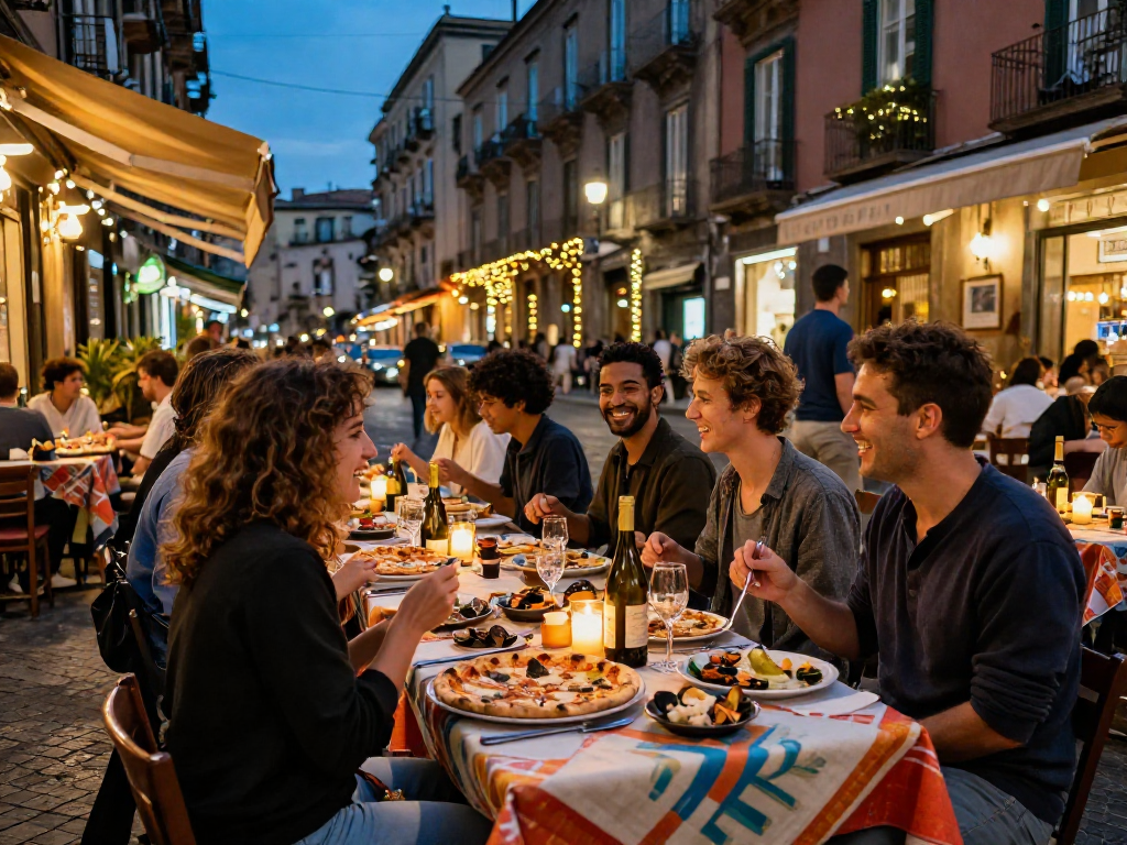 Dinner scene in Naples showcasing lavowin daftar dining experience with friends at a vibrant outdoor restaurant.