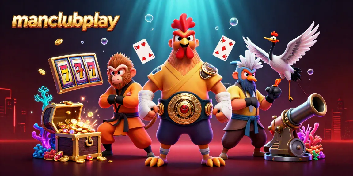 Engage with the vibrant world of manclubplay featuring dynamic 3D casino characters surrounded by popular game elements and colorful treasures.