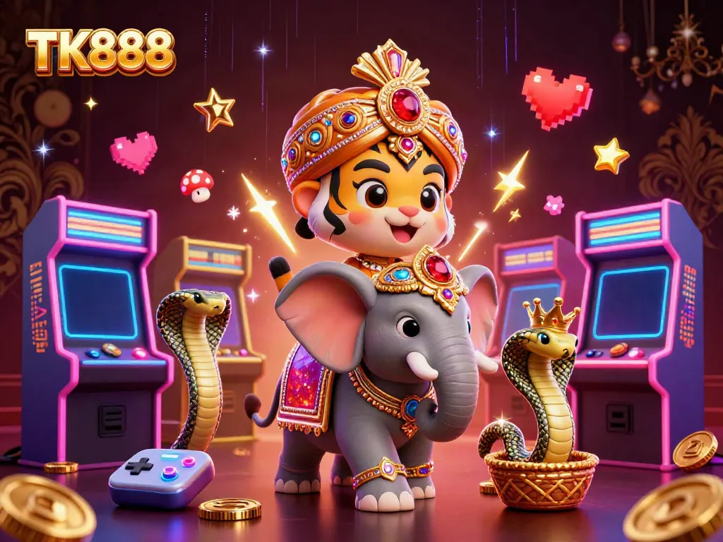 Experience captivating gameplay at TK888 with a lively 3D casino illustration featuring a majestic tiger and vibrant arcade elements.