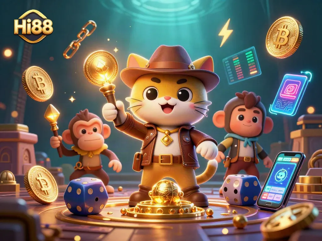 Engage in thrilling gaming at Hi88 with our animated scene featuring a cat archaeologist discovering treasures that shimmer.