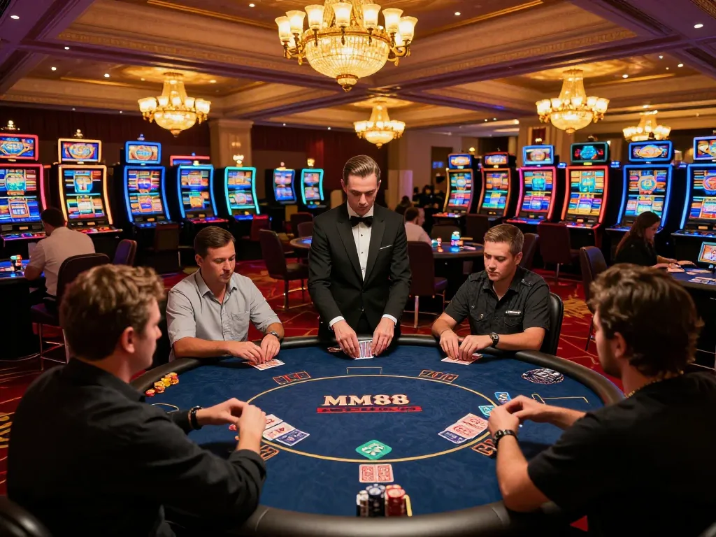 MM88 casino experience with dealers in high-stakes poker action under elegant chandelier lighting.