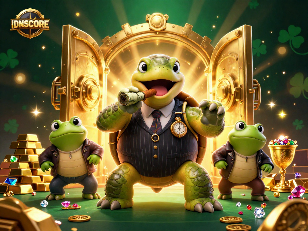 Engage with IDNSCORE’s immersive casino experience featuring a snapping turtle mobster and frog enforcers.