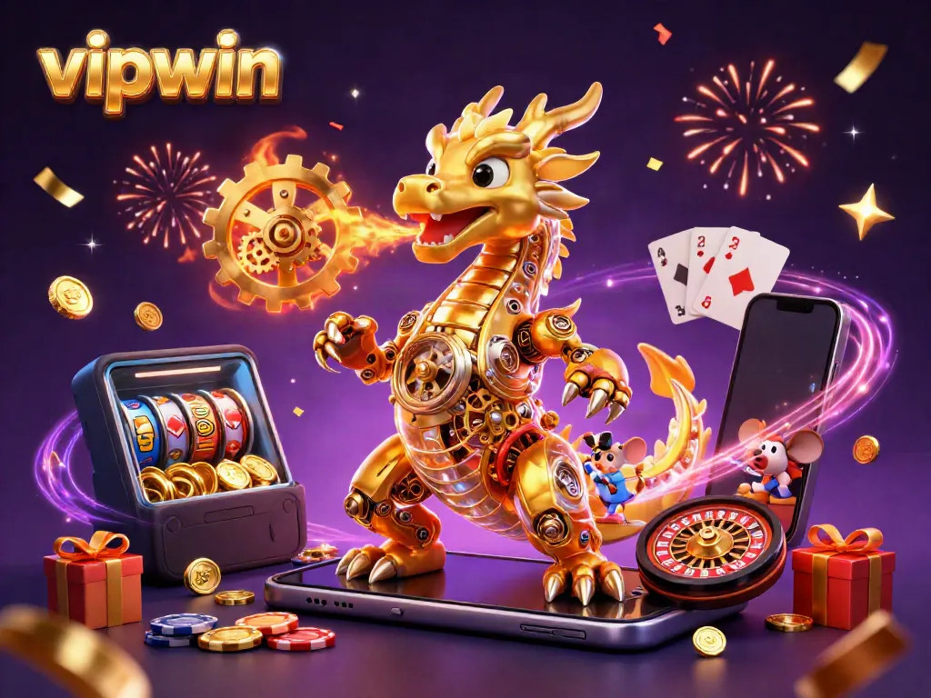 Experience vipwin's thrilling gaming adventure with a dynamic dragon and engaging casino elements.