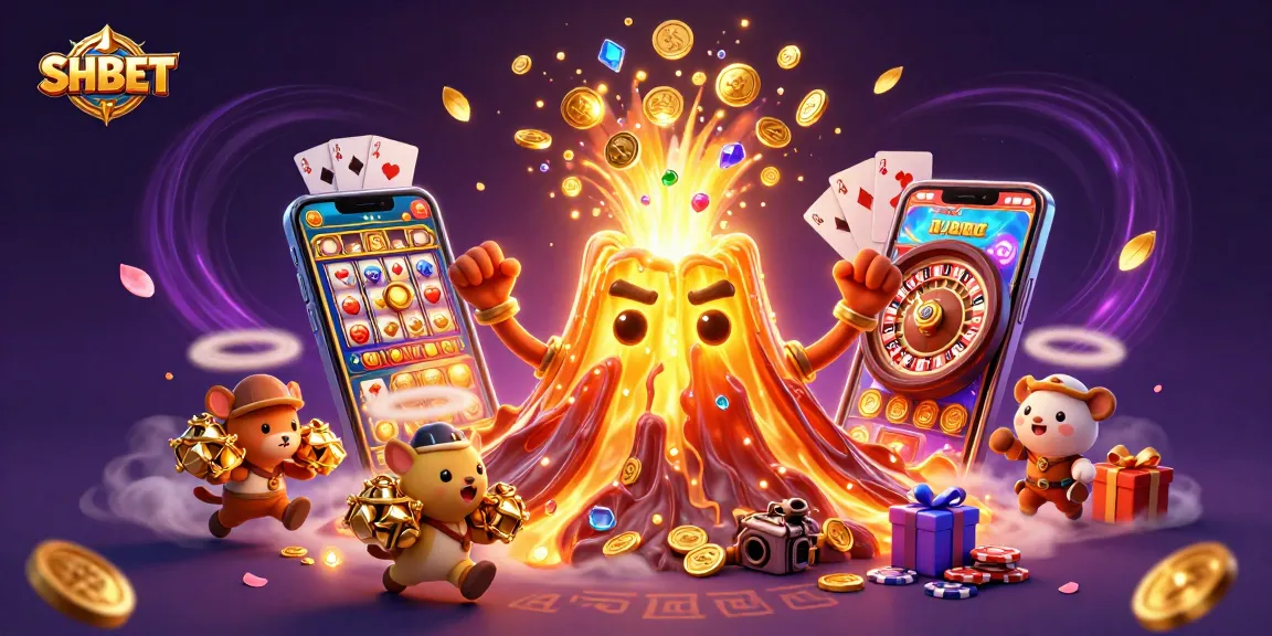 Experience SHBET with a thrilling 3D volcano erupting coins, showing vibrant casino elements.