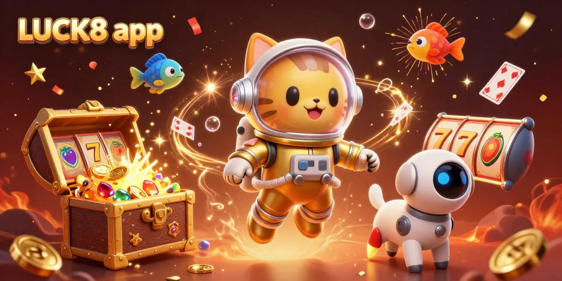 Experience the excitement of games with the LUCK8 app as characters burst with energy amid gold coins.