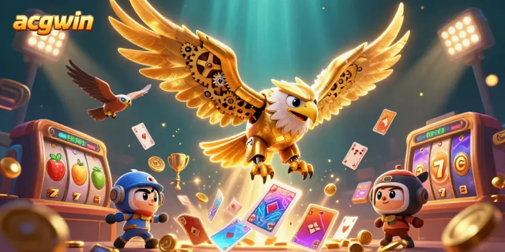Experience the thrill of acgwin with a cybernetic eagle diving through holographic slots and vibrant casino elements.