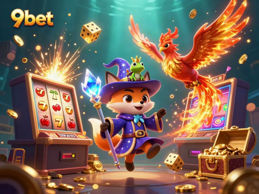 Experience the excitement of 9bet's vibrant casino world, featuring a wizard fox and phoenix.