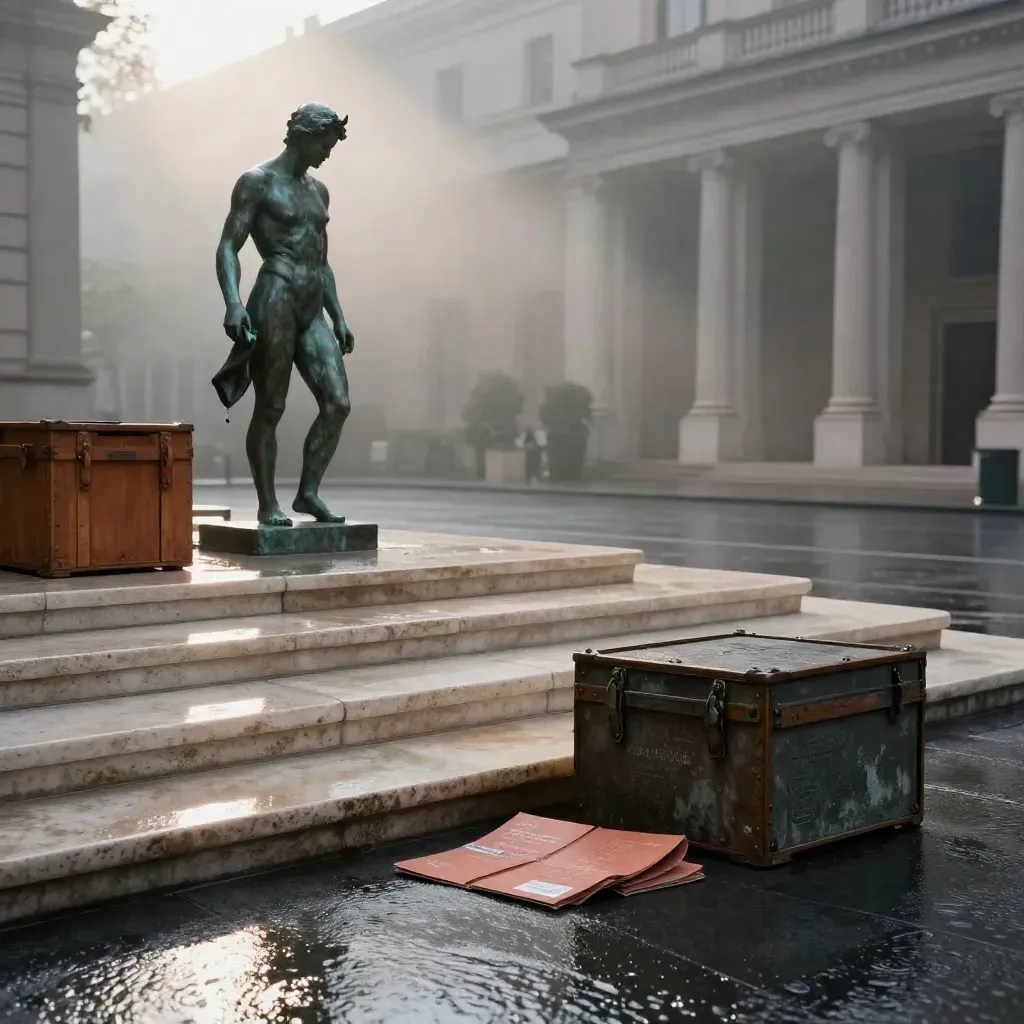 Rain-darkened museum forecourt with bronze sculpture, stone steps, crates, and guide cards at dawn