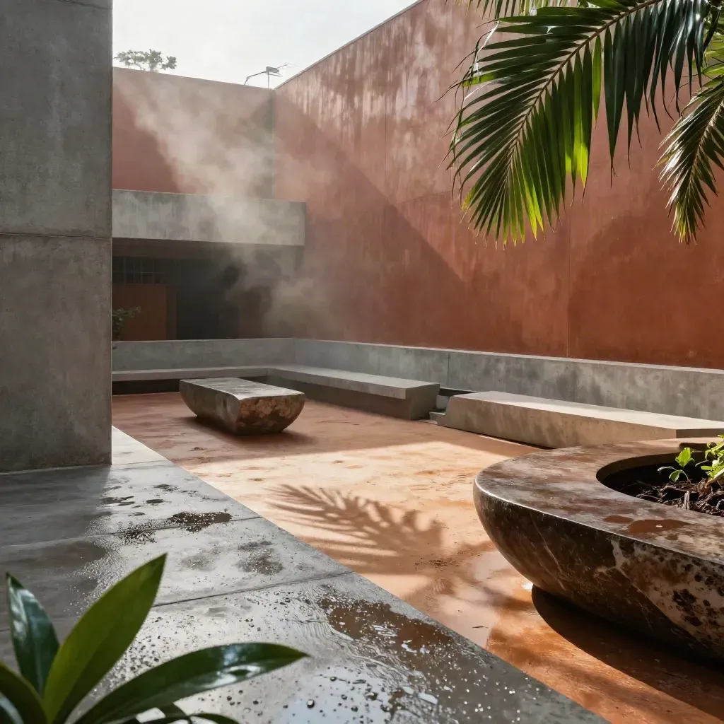 Lagos arts courtyard with wet concrete blocks, palm shadows and terracotta wall after rain