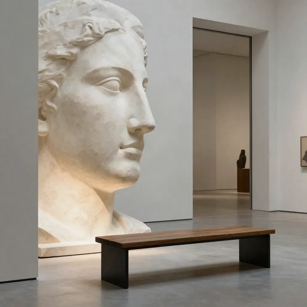 Empty museum gallery with monumental sculpture, bench, and doorway into deeper rooms.